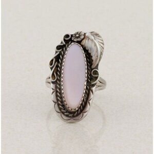 Sterling Silver Pink Mother of Pearl Flower Leaf Ring Size 7 1/4 Signed E